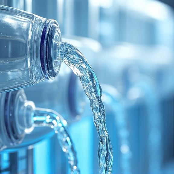 Clean water flowing through an industrial filtration pipe system.