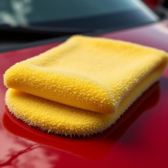 A close-up of a microfiber applicator with premium car wax.