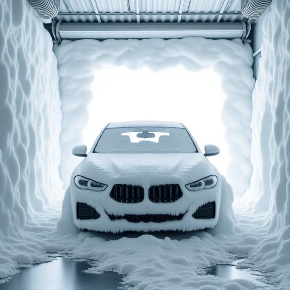 A car covered in thick white foam inside a touchless wash bay.