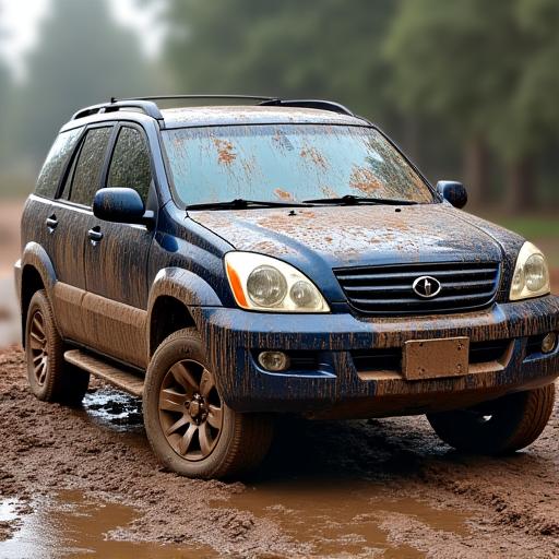 A dark blue SUV splattered with mud up to its windows.