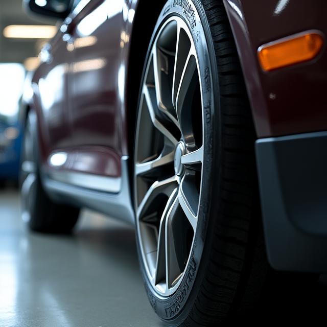 A detailed shot of a perfectly clean and shining tire and wheel.