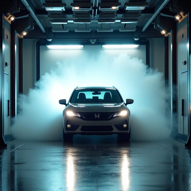 A car moving through an automated express wash tunnel.