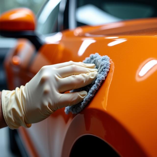A hand applying a high-quality carnauba wax to a car's surface.